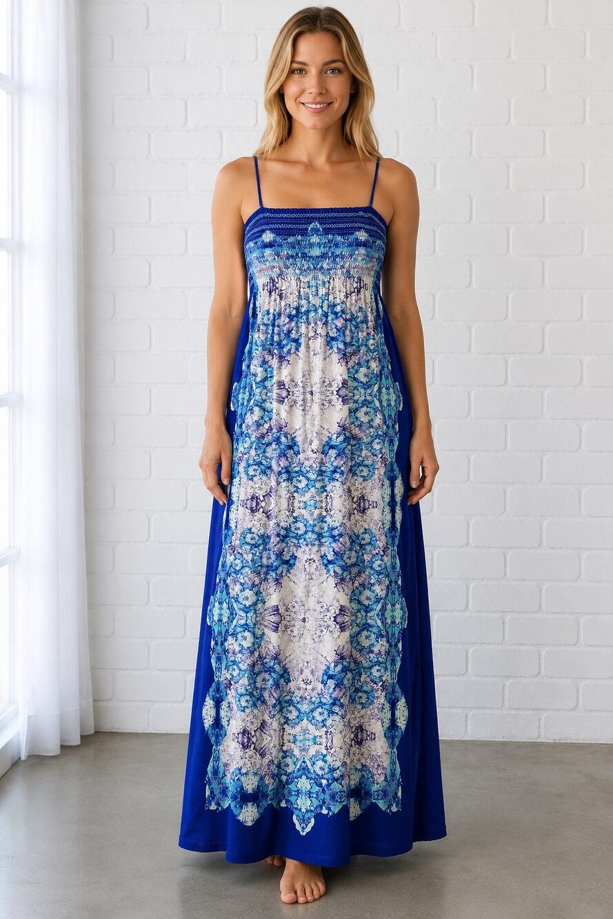 India Boutique Blue Abstract Smocked Maxi Dress Adjustable Straps Large Women’s